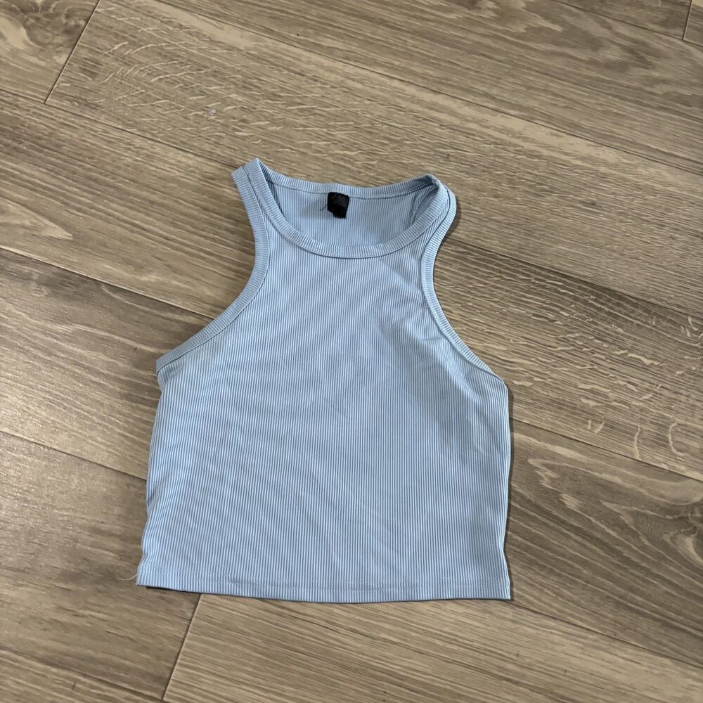 SHEIN Light Blue Ribbed High Neck Crop Tank Top XS